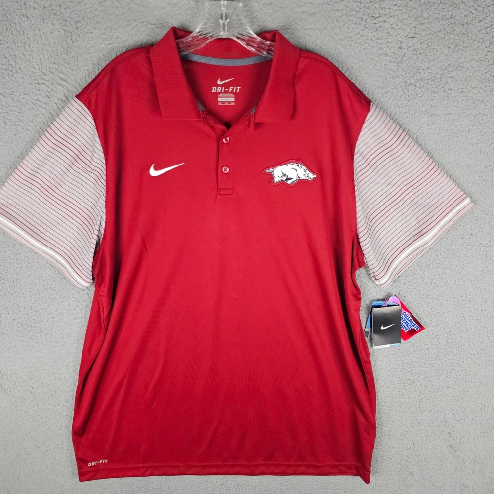Nike Polo Shirt Mens XXL Red Arkansas Razorbacks Dri-FIT Striped Sleeve NCAA